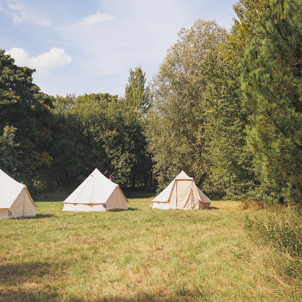 Bell tents in a grassy field with trees in the background